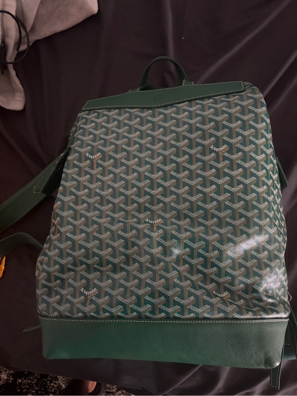 Goyard Dark Green Chevron Backpack with Leather Trim